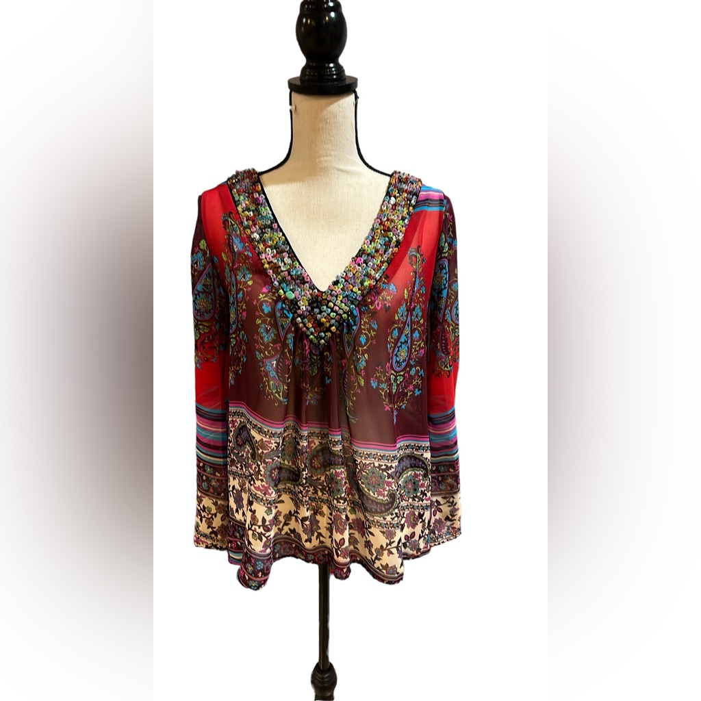 Multi Colored Sheer Vneck With Stone Beading